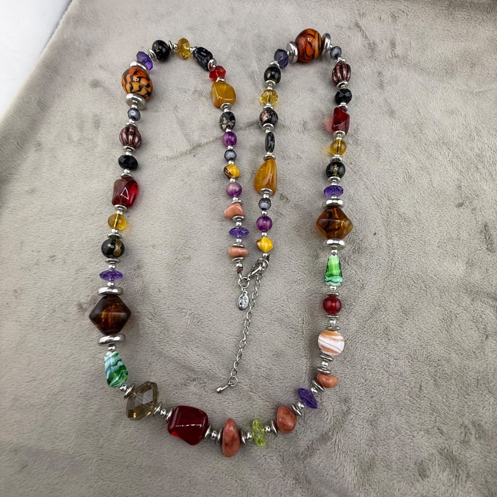 Vintage Cookie Lee Beaded Necklace Multicolor Silver Tone Long 38"